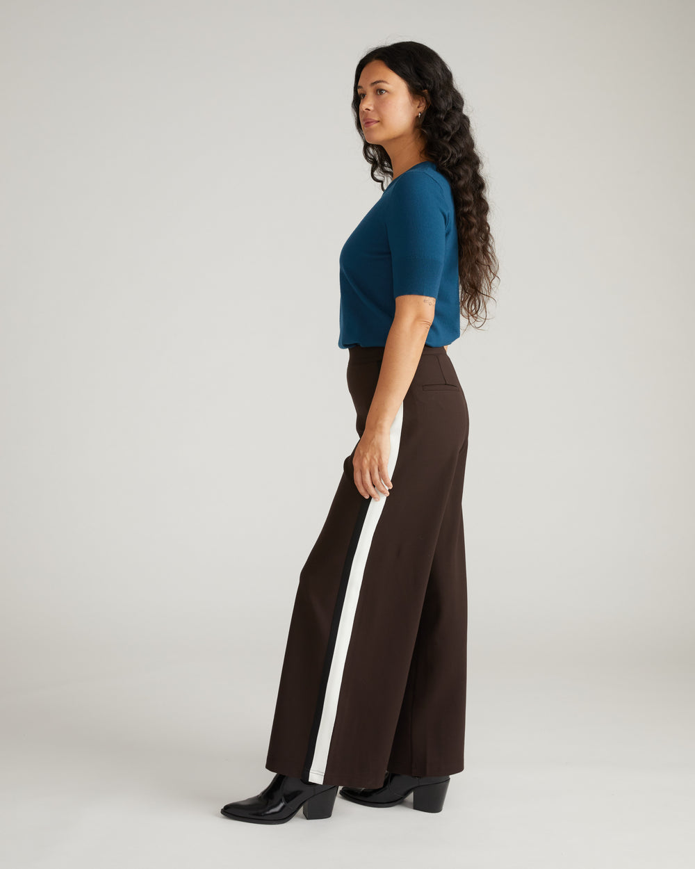 Stephanie Wide Leg Stripe Ponte Pants 30 Inch - Espresso with Black/Ecru Stripe