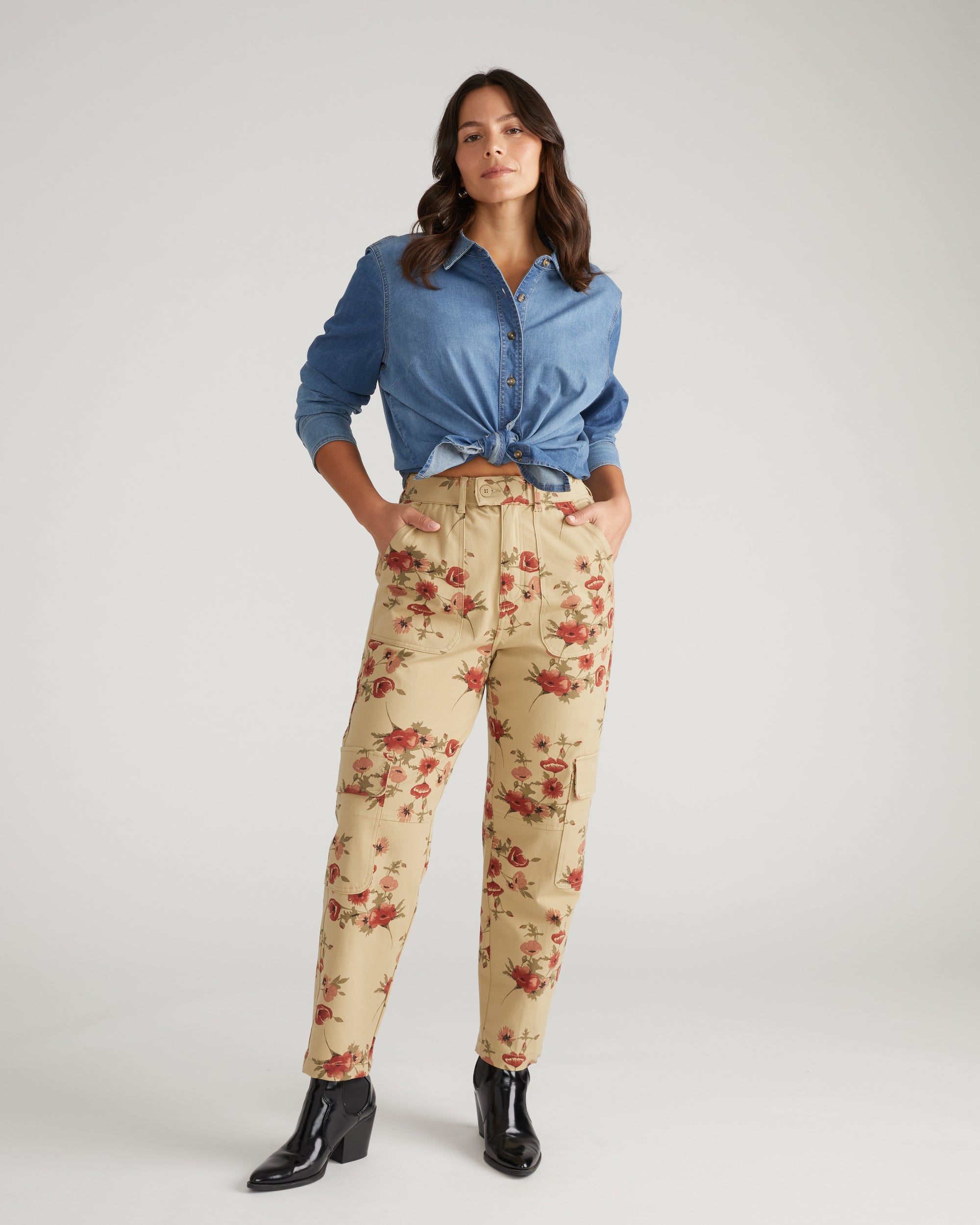 Karlee Stretch Cotton Twill Cargo Pants - Wild Flower Bouquet Print