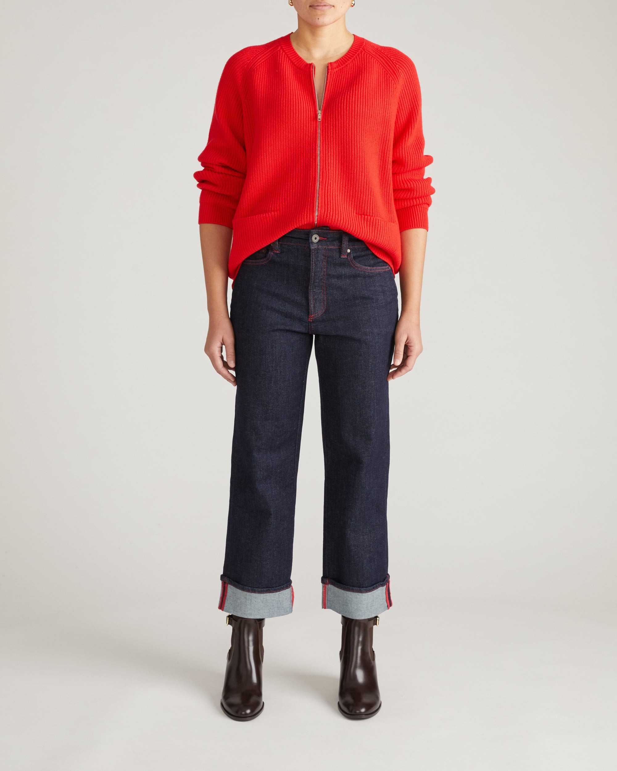 Stevie High Rise Cuffed Straight Leg Jeans - Americana Wash with Red Stitching