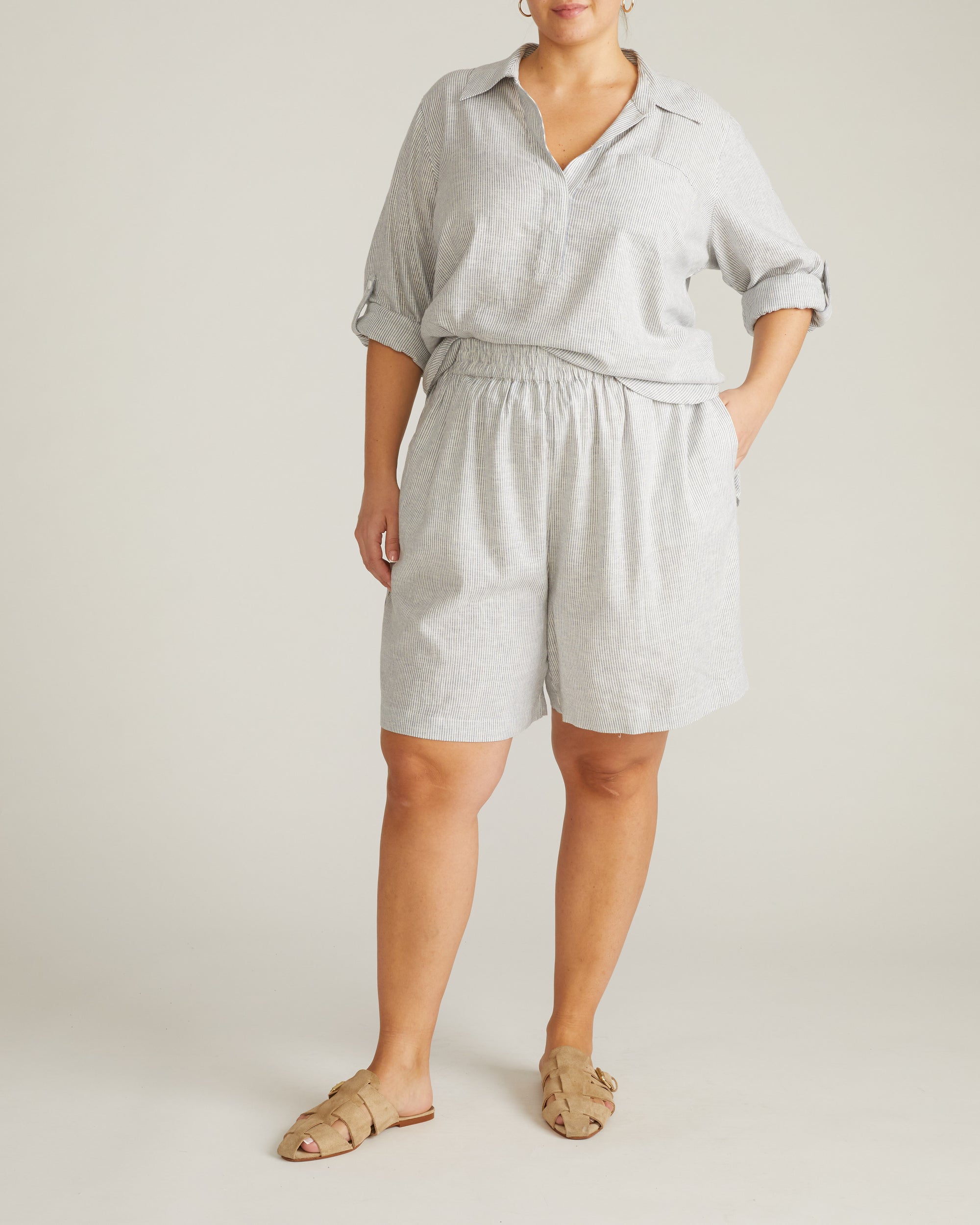 Juniper Linen Blend Easy Pull-On Shorts - Beach Stripe | Plus Size & Straight Size Women's Fashion | Universal Standard