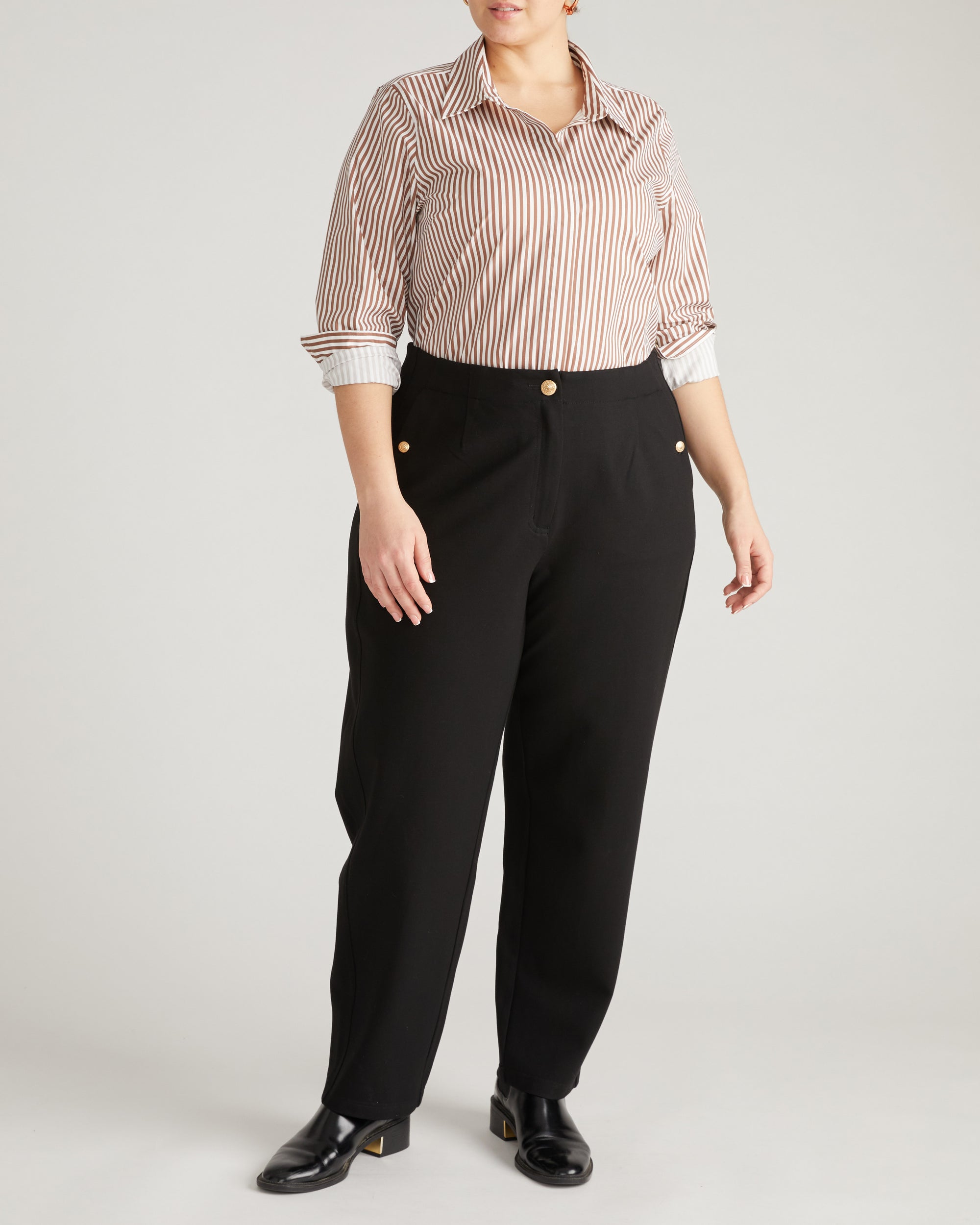 Audrey Tailored Ponte Pants - Black with Gold Buttons