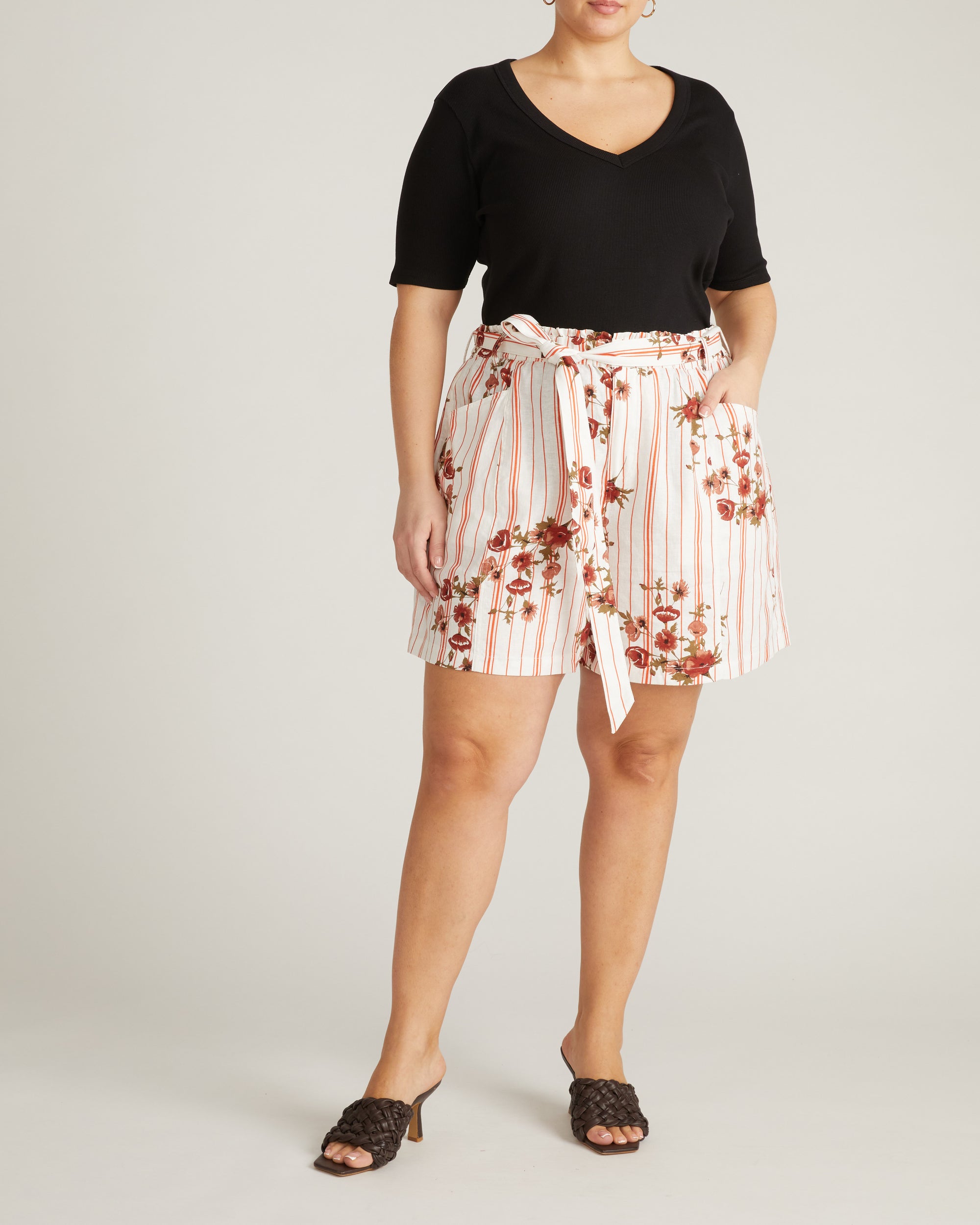Harbor Stretch Linen Blend Paperbag Shorts - Wild Flower Bouquet Print on Stripes | Plus Size & Straight Size Women's Fashion | Universal Standard
