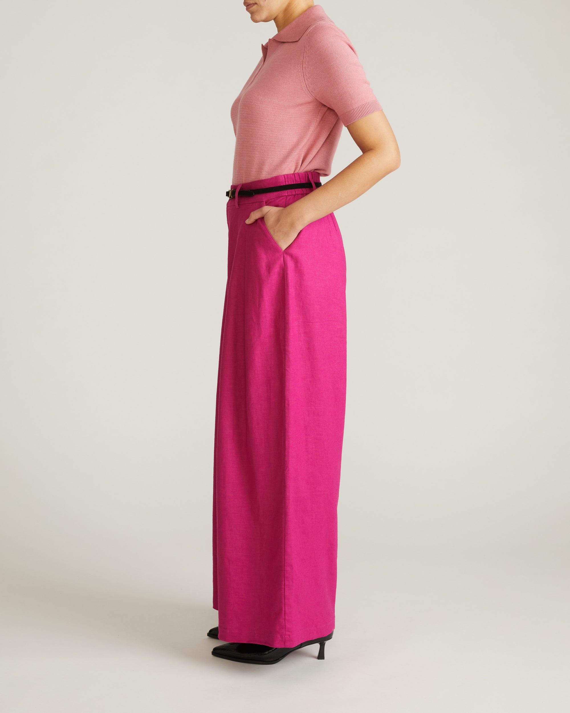 Woman wearing Palais Stretch Linen Wide Leg Pant - Hyper Pink from Universal Standard