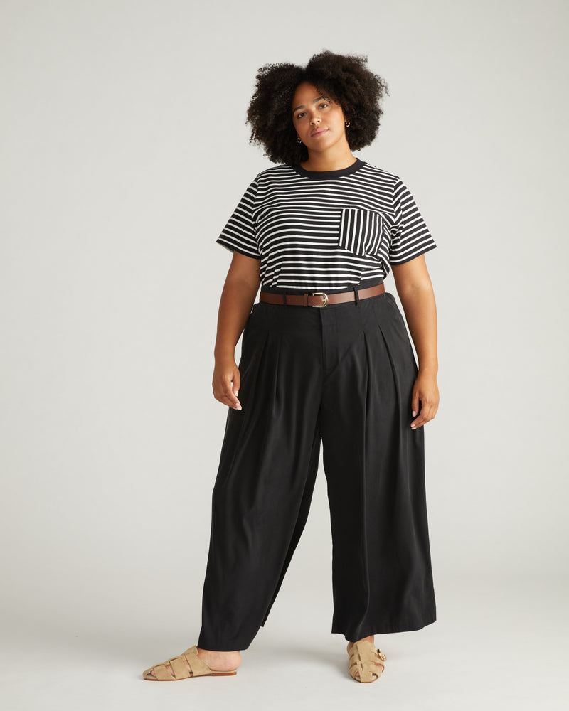 Woman wearing Cooling Cupro Wide Leg Pant - Black from Overstock Sale