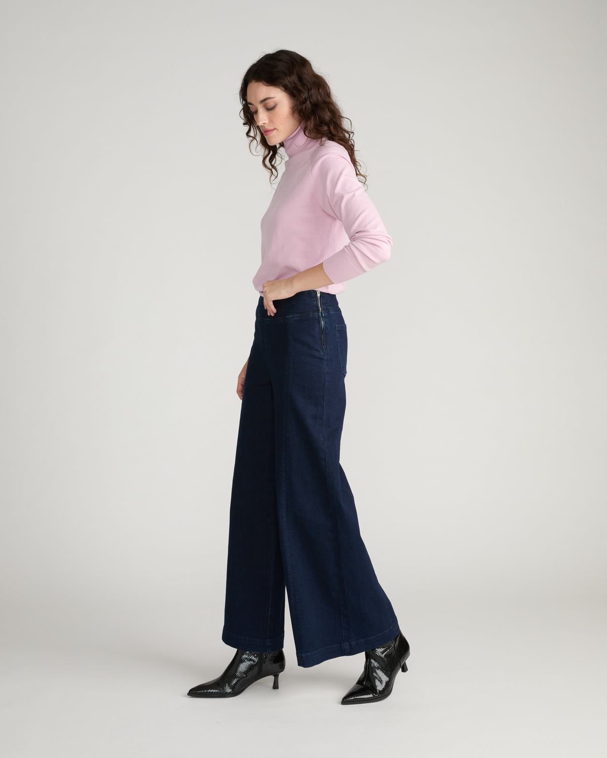 Olivia Side-Zip Pintuck Wide Leg Jeans - Dark Indigo