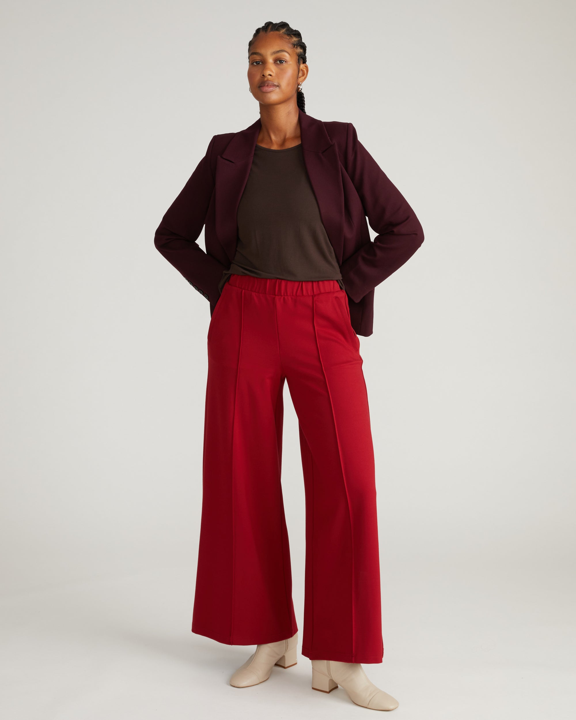 Pam Pintuck Wide Leg Ponte Pants - / Garnet- Size4XS Pam Pintuck Wide Leg Ponte Pants - / Garnet- Size4XS