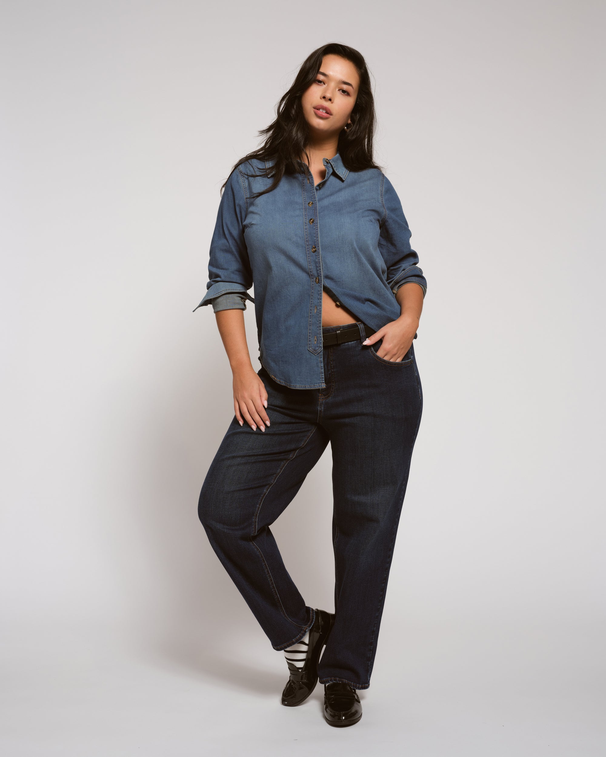 Universal Standard Plus Size Minimalist Stretch Cotton Chambray Shirt