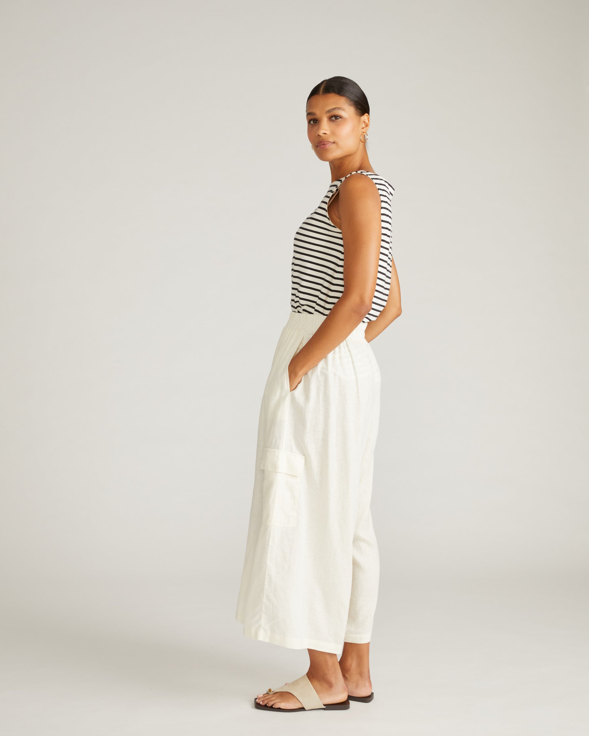 Palazzo Cargo Linen Pant - White