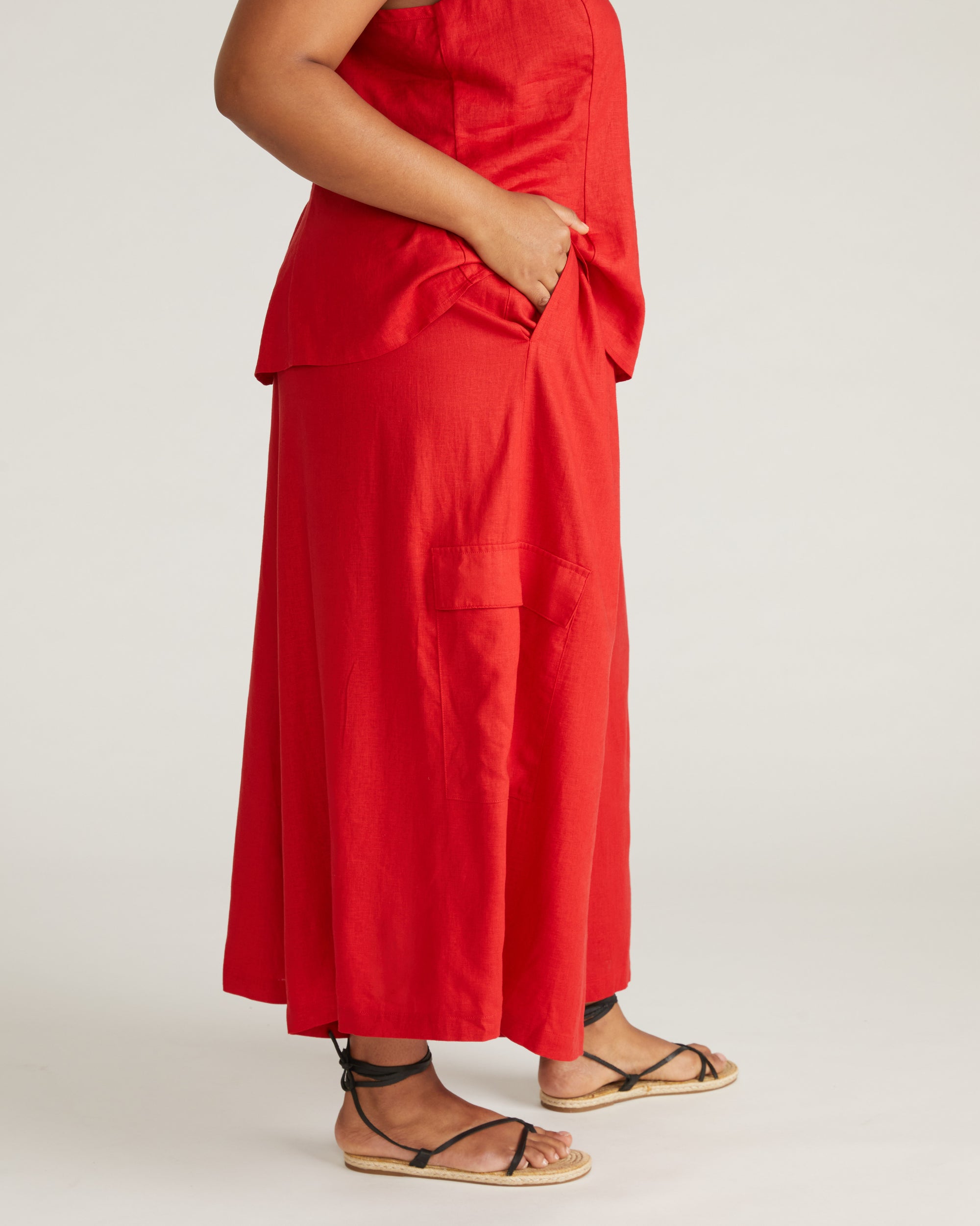 Palazzo Cargo Linen Pant - Ruby Red
