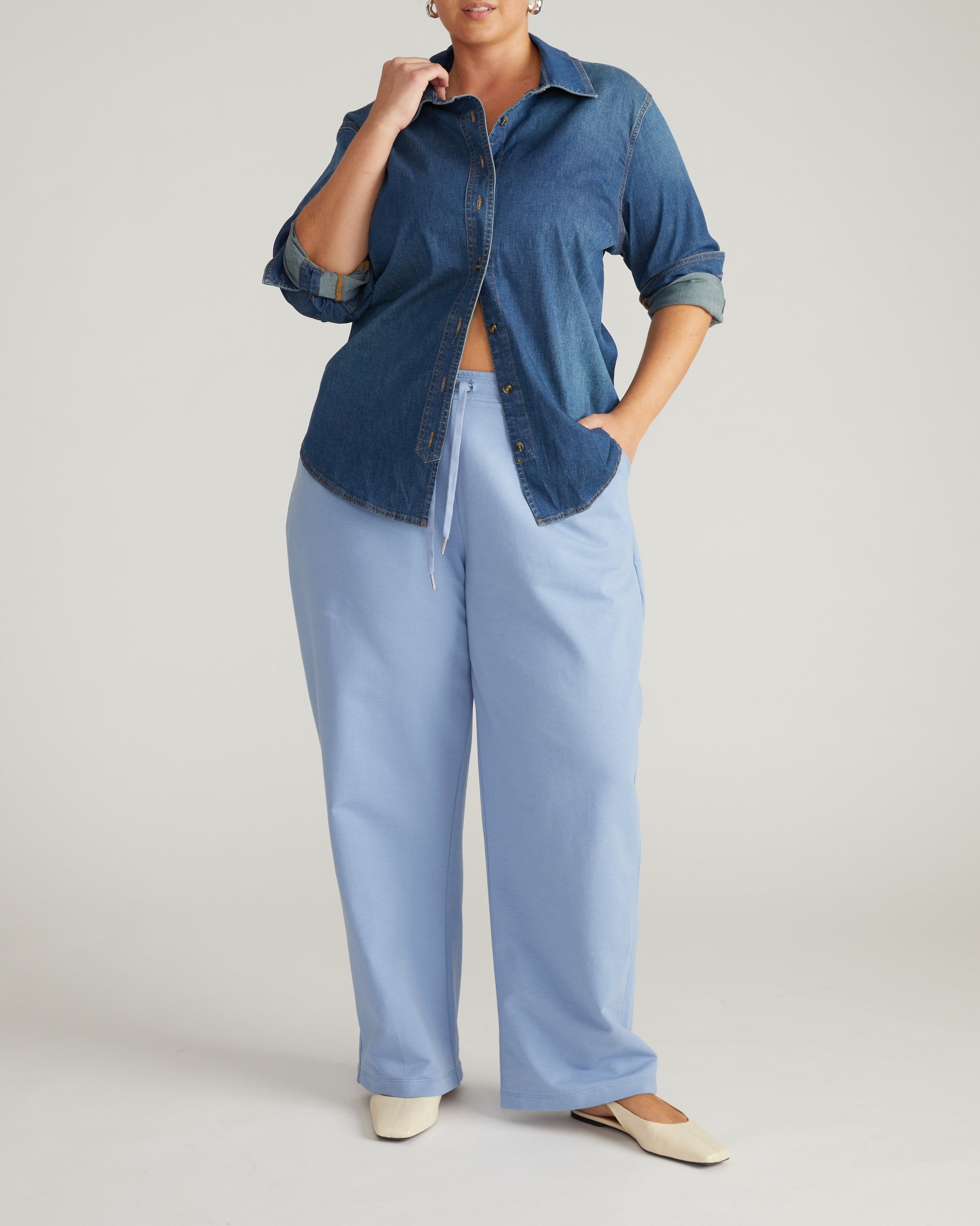 Woman wearing Straight Leg French Terry Sweatpants - Graceful Blue from Universal Standard