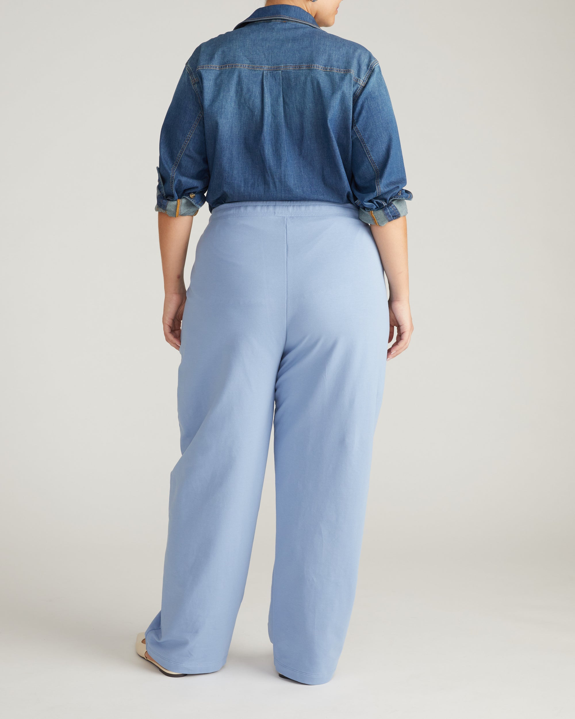Woman wearing Straight Leg French Terry Sweatpants - Graceful Blue from Universal Standard