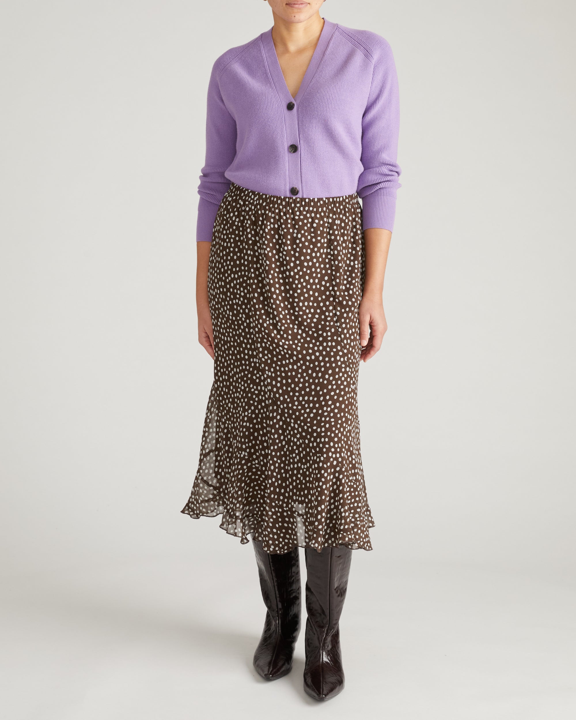 Navarte Chiffon Midi Skirt - Brown/White Dot Print