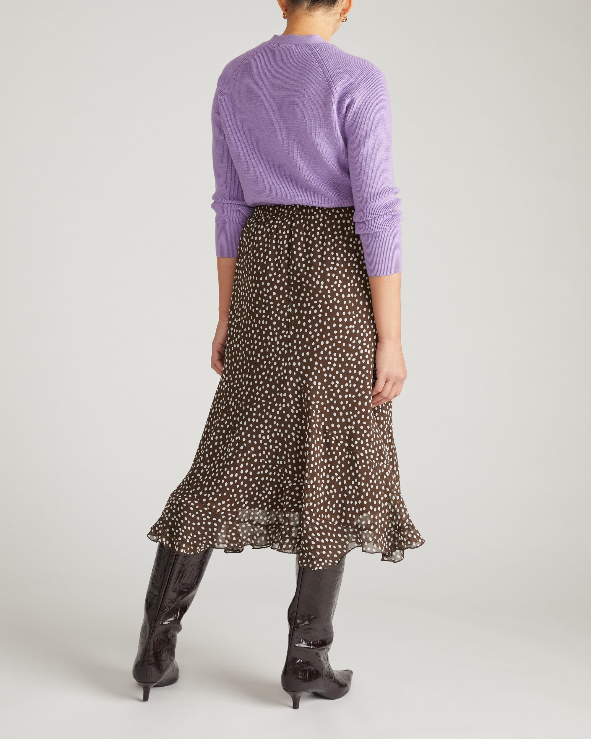 Navarte Chiffon Midi Skirt - Brown/White Dot Print