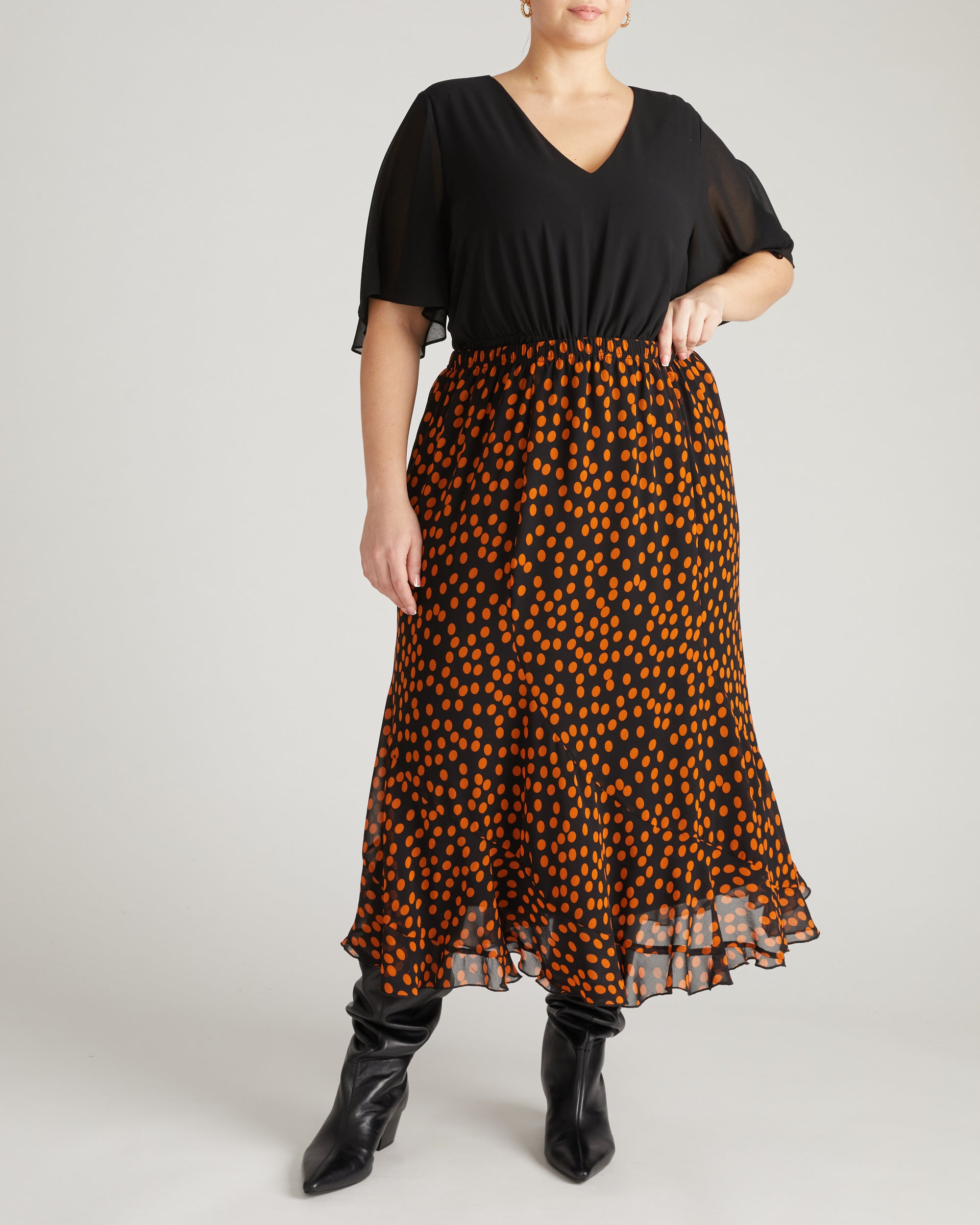 Navarte Chiffon Midi Skirt - Black/Orange Dot Print