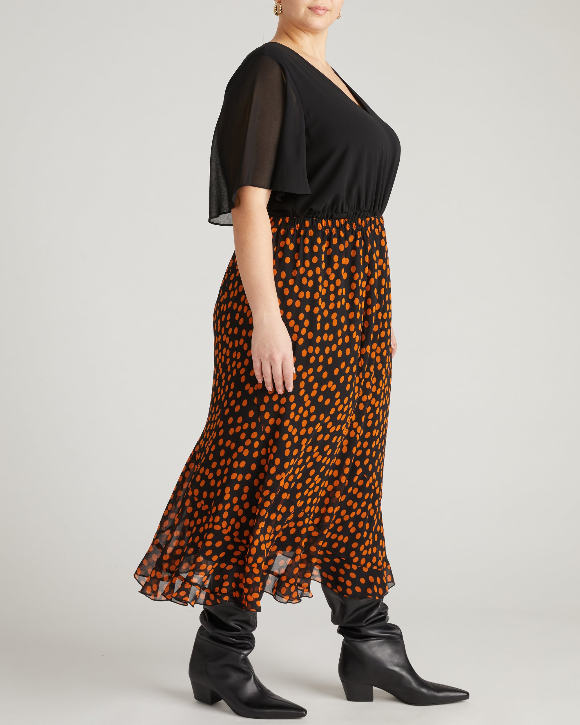 Navarte Chiffon Midi Skirt - Black/Orange Dot Print