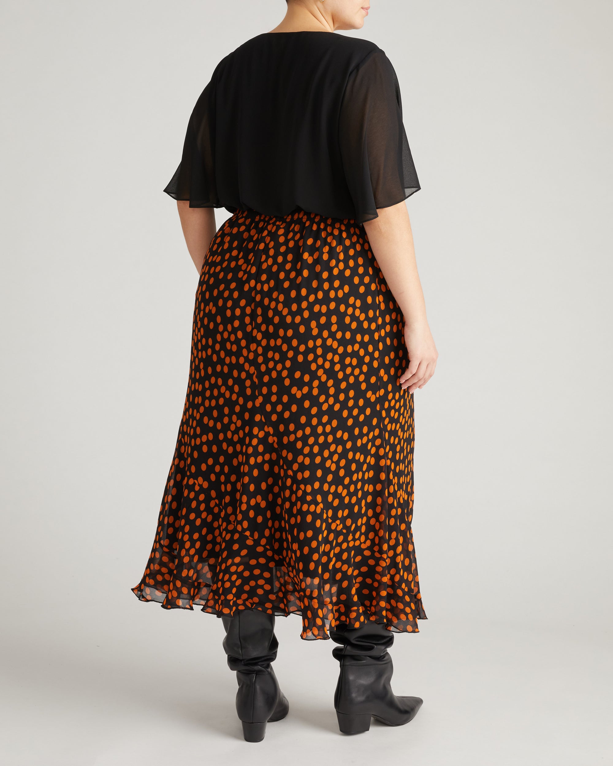 Navarte Chiffon Midi Skirt - Black/Orange Dot Print