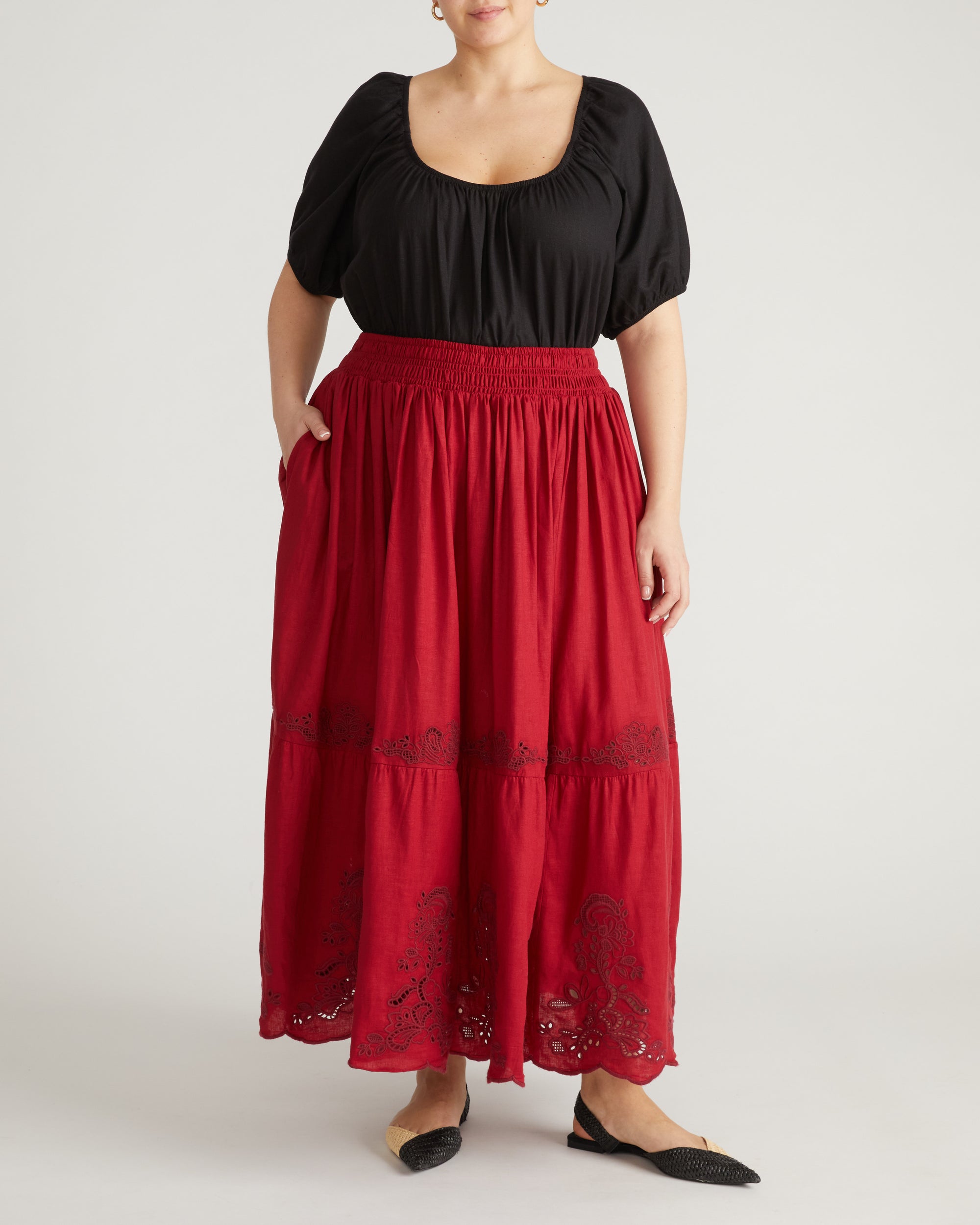 Tosca Embroidered Linen Maxi Skirt - Vibrant Red | Plus Size & Straight Size Women's Fashion | Universal Standard