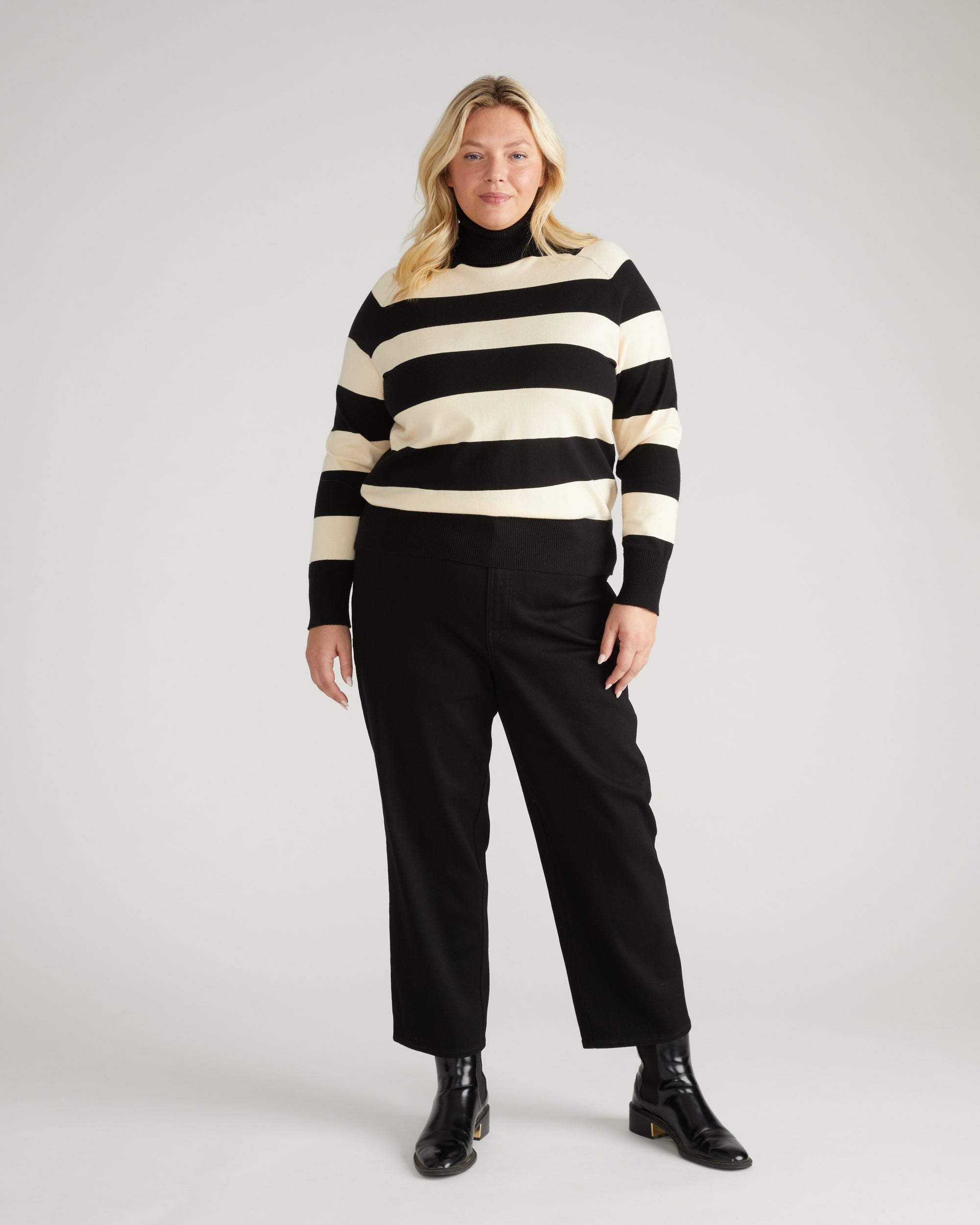 Renee Savvy Fine Knit Raglan Turtleneck - Black/Ecru Rugby Stripe