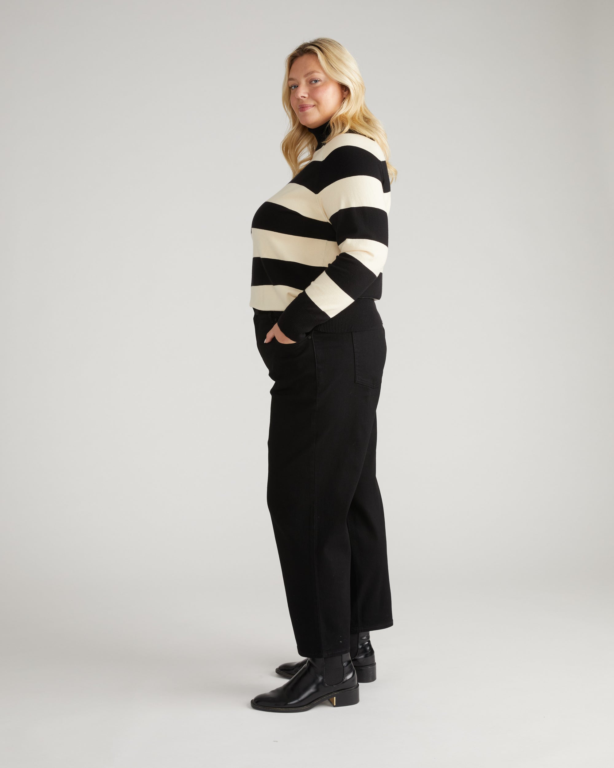 Renee Savvy Fine Knit Raglan Turtleneck - Black/Ecru Rugby Stripe
