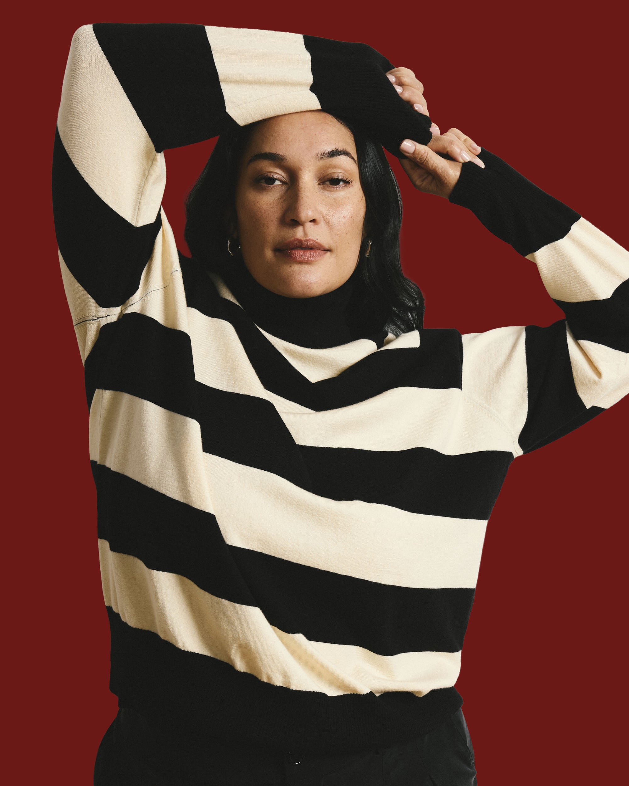 Renee Savvy Fine Knit Raglan Turtleneck - Black/Ecru Rugby Stripe