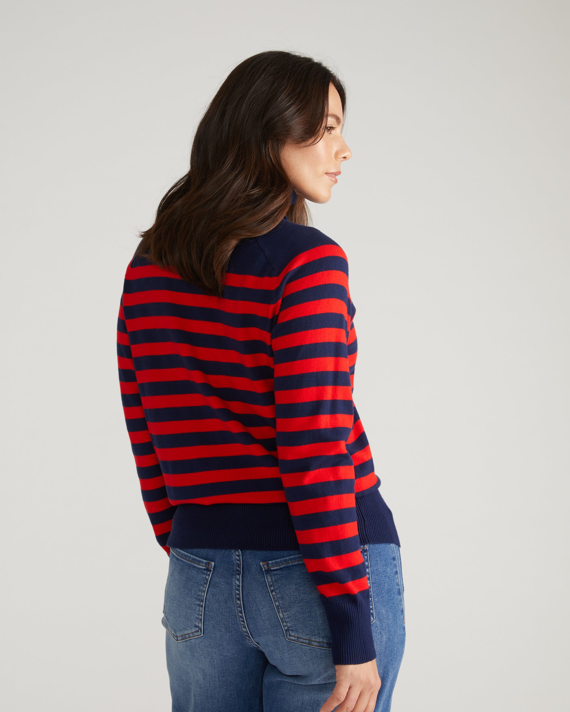 Renee Savvy Fine Knit Raglan Turtleneck - Navy/Red Stripes