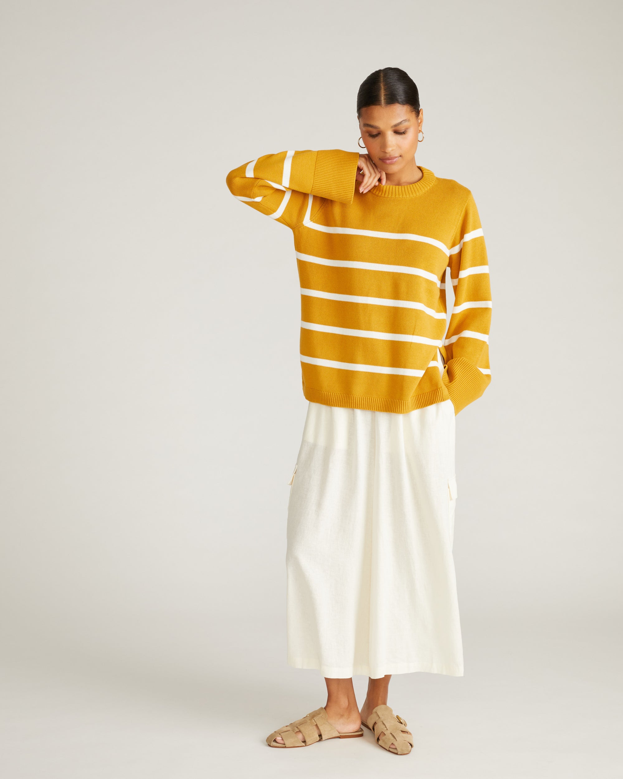 Woman wearing Bardot Wide Sleeve Cotton Sweater - Yellow Ochre/Cream Stripe from Universal Standard