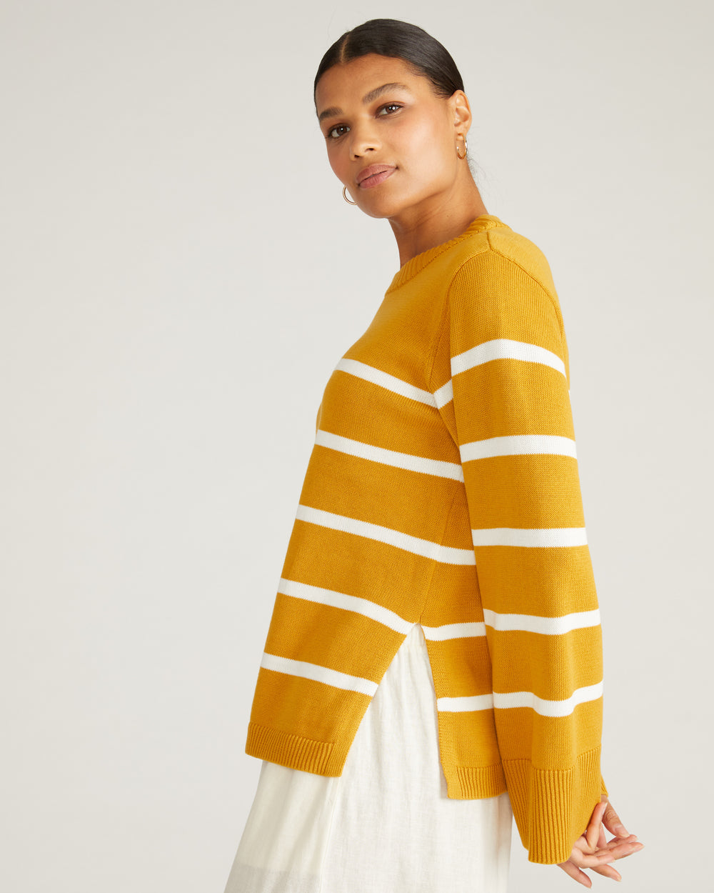 Bardot Wide Sleeve Cotton Sweater - Yellow Ochre/Cream Stripe