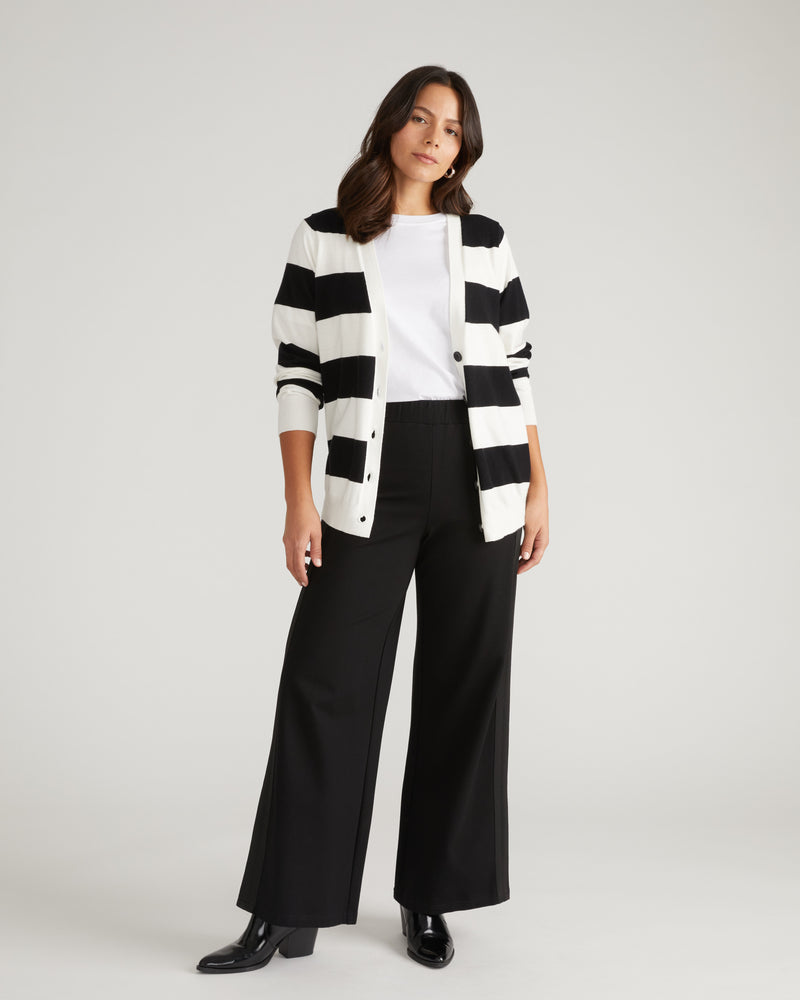 Savvy Fine Knit Cardigan - Black/Ecru Rugby Stripe