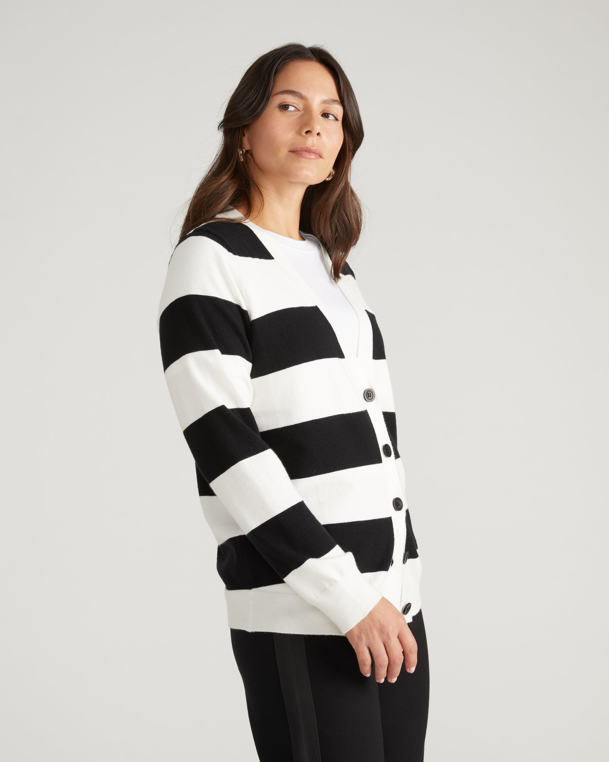 Savvy Fine Knit Cardigan - Black/Ecru Rugby Stripe