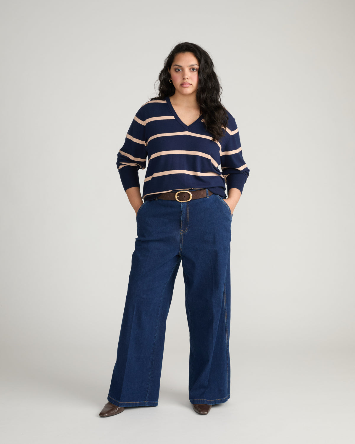 Savvy Fine Knit V Sweater - Navy/Biscotti Stripe