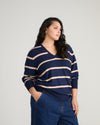 Savvy Fine Knit V Sweater - Navy/Biscotti Stripe