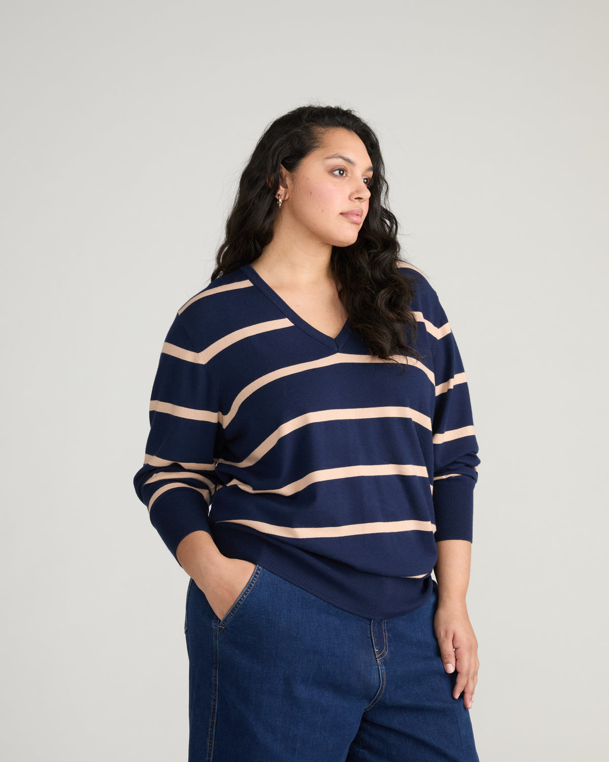 Savvy Fine Knit V Sweater - Navy/Biscotti Stripe