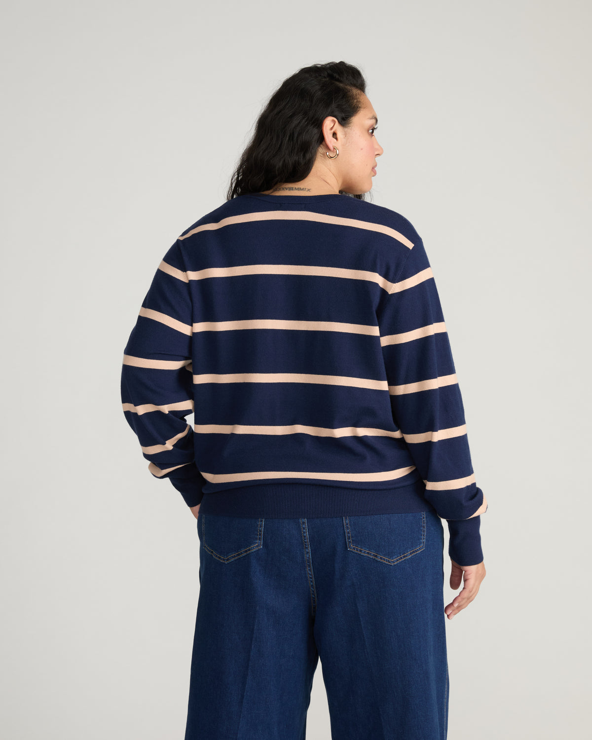 Savvy Fine Knit V Sweater - Navy/Biscotti Stripe