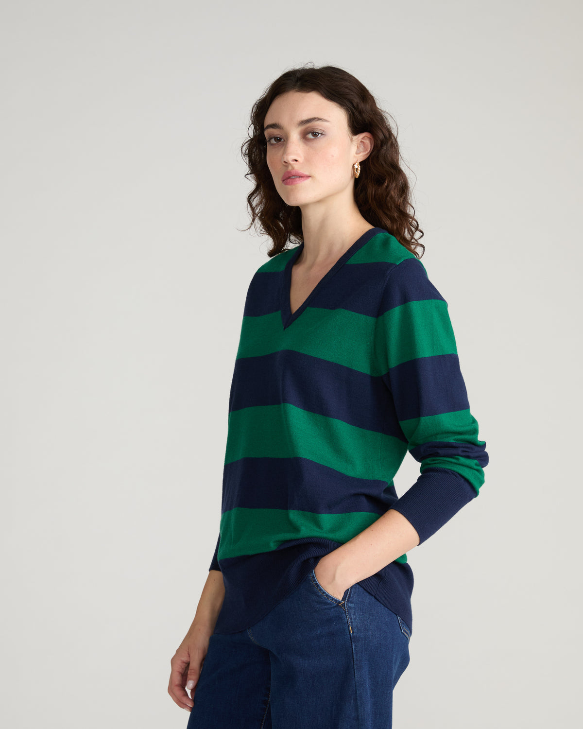 Savvy Fine Knit V Sweater - Green/Navy Rugby Stripe | Plus Size & Straight Size Women's Fashion | Universal Standard