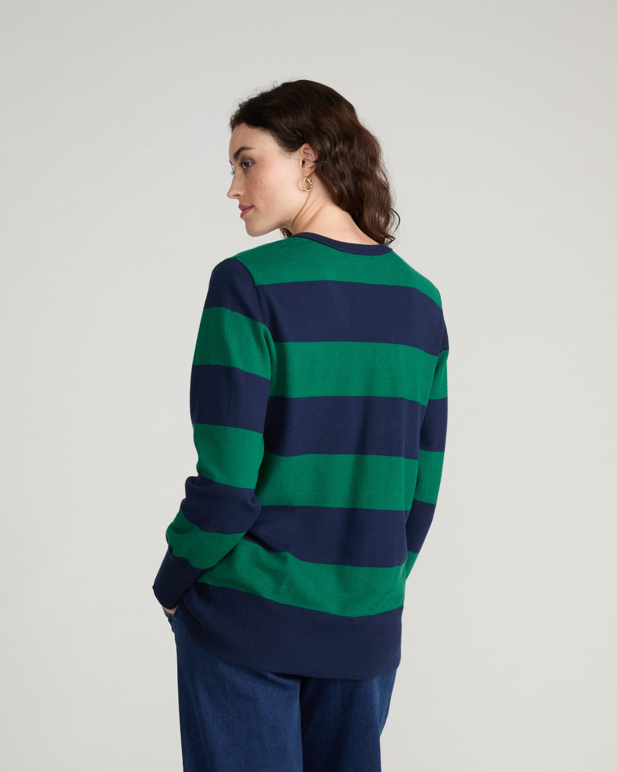 Savvy Fine Knit V Sweater - Green/Navy Rugby Stripe | Plus Size & Straight Size Women's Fashion | Universal Standard
