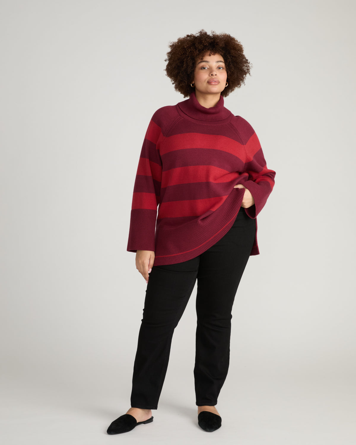 Better-Than-Wool Oversize Turtleneck Sweater - Black Cherry/Red Rugby Stripe