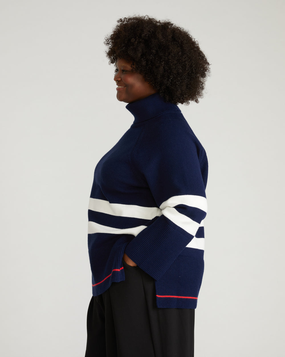 Better-Than-Wool Oversize Turtleneck Sweater - Navy/Cream Stripes with Red Hem
