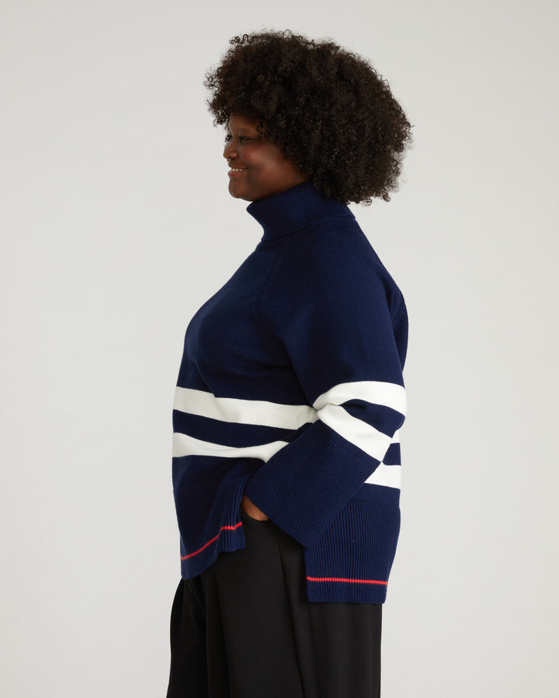 Better-Than-Wool Oversize Turtleneck Sweater - Navy/Cream Stripes with Red Hem
