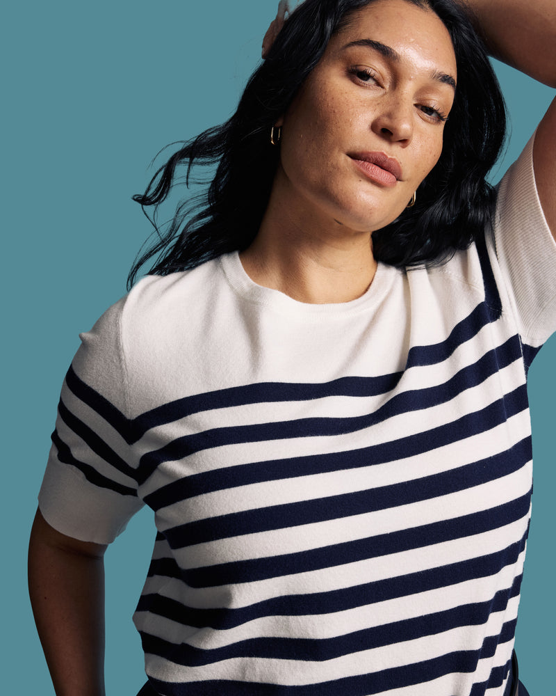 Savvy Fine Knit Sweater Top - Cream/Navy Stripes
