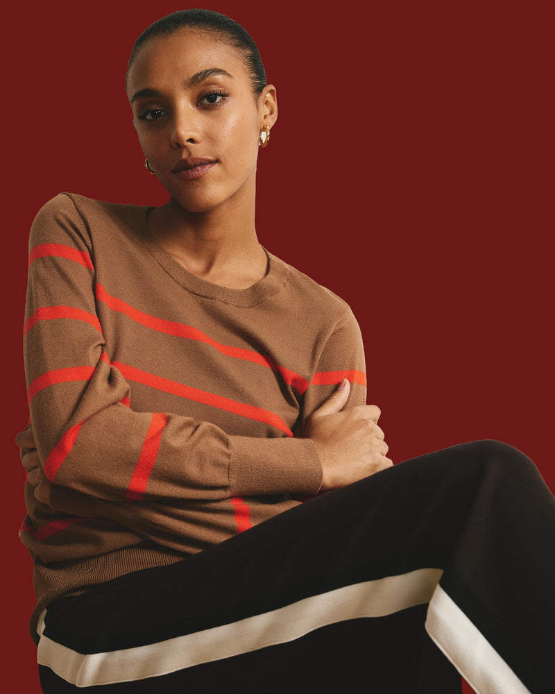 Savvy Fine Knit Crew Sweater - Classic Camel/Poppy Stripe