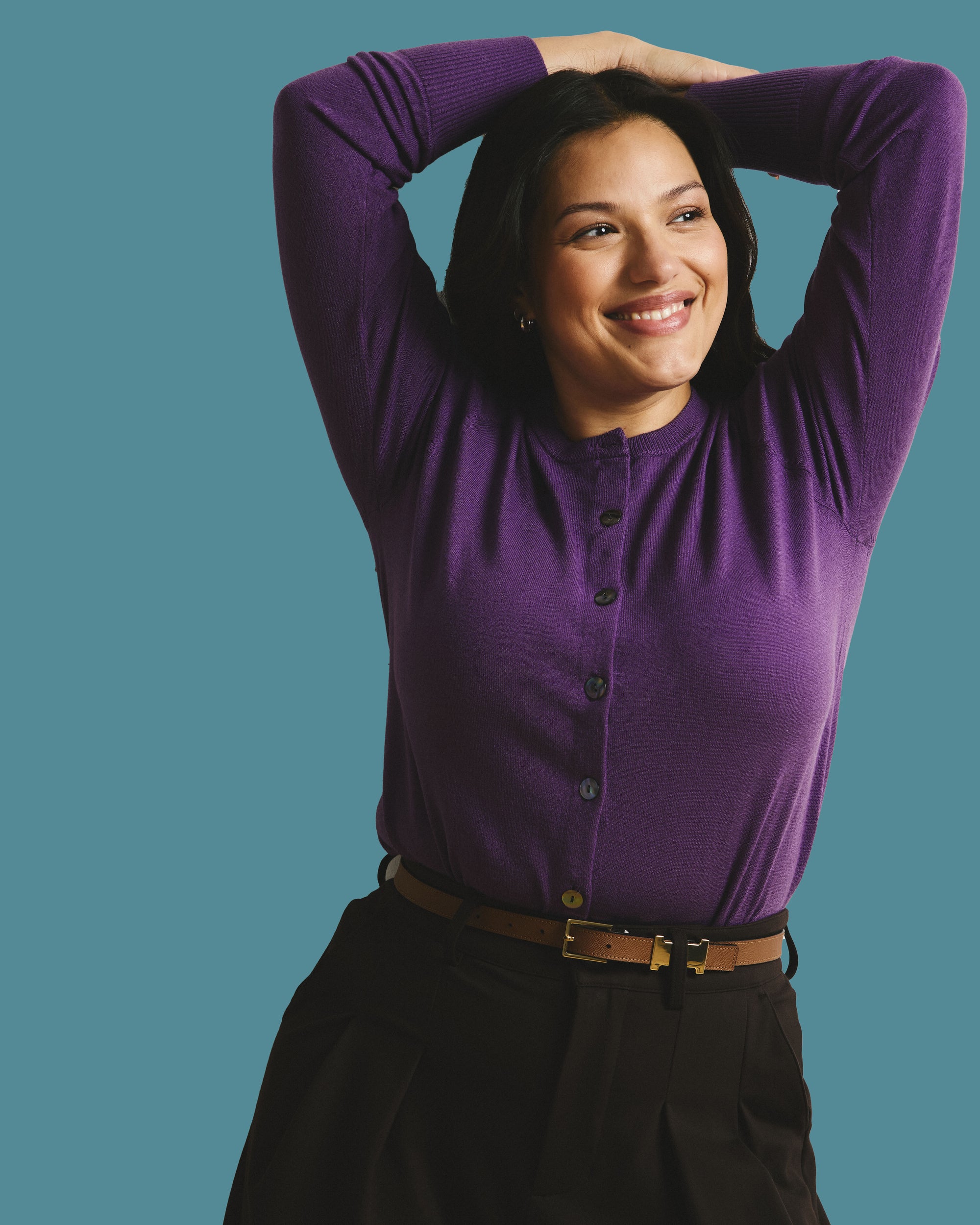 Savvy Fine Knit Crewneck Cardigan - Grape