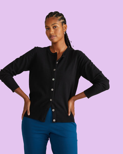 Savvy Fine Knit Crewneck Cardigan - Black