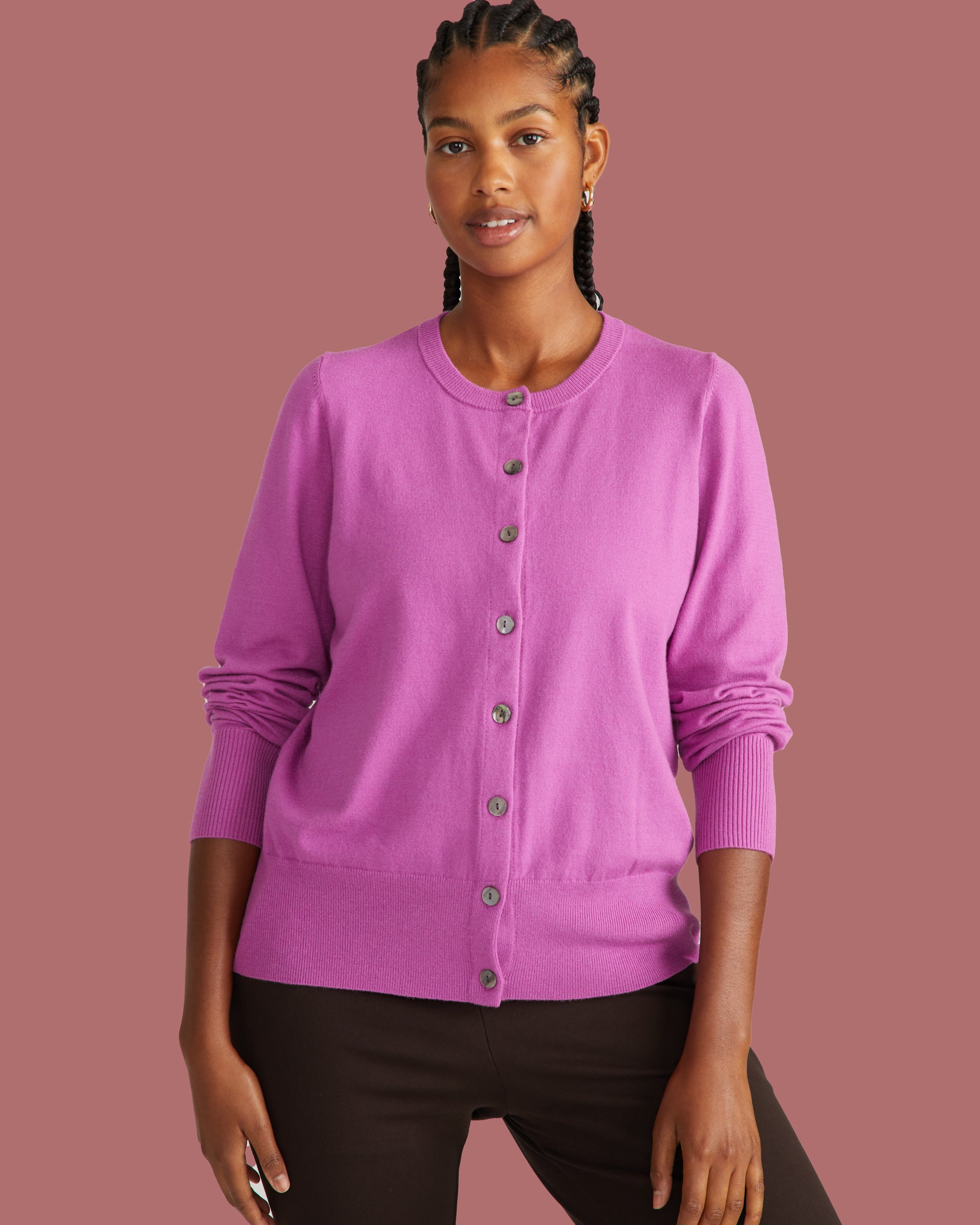 Savvy Fine Knit Crewneck Cardigan - Purple Vision