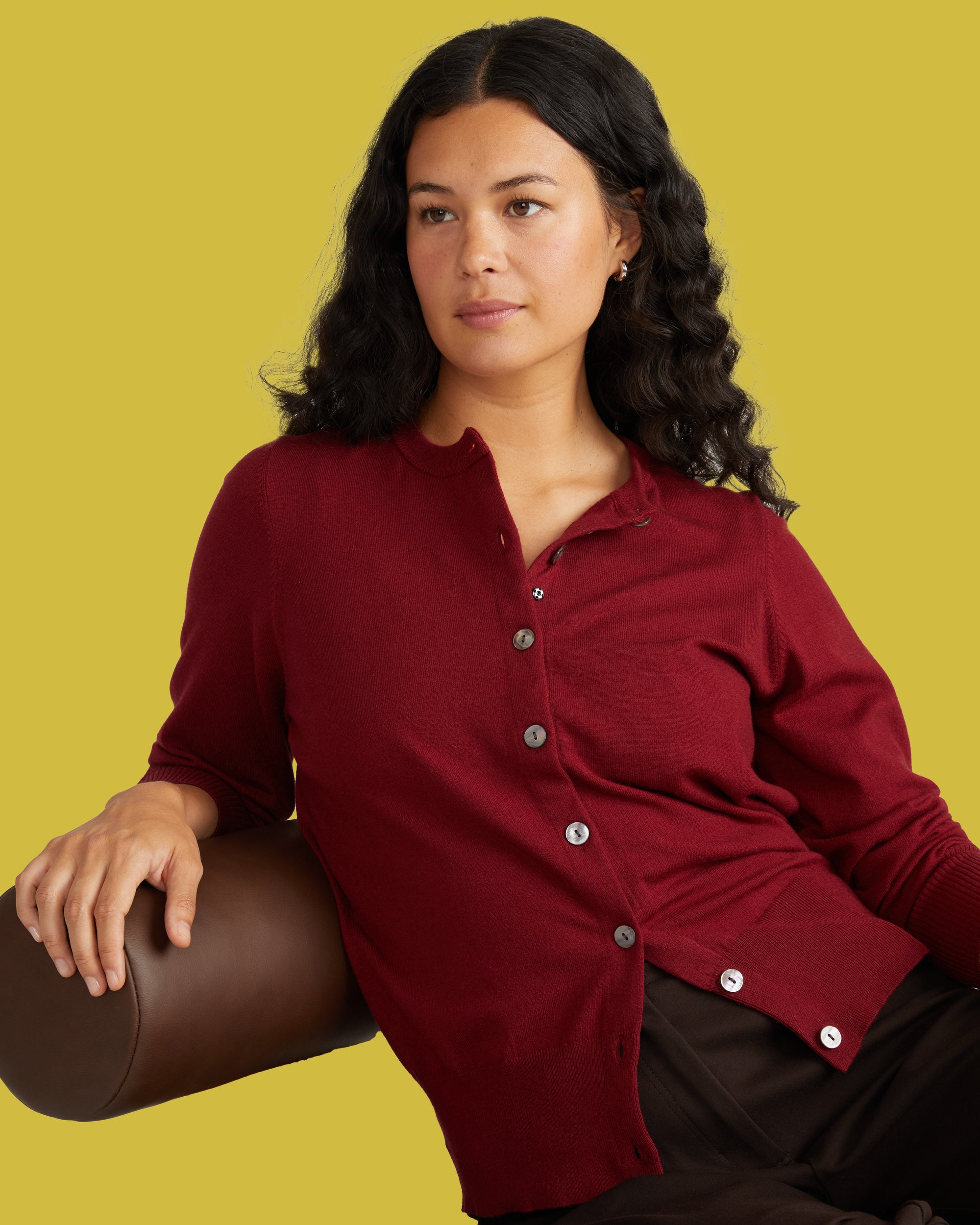 Savvy Fine Knit Crewneck Cardigan - Garnet