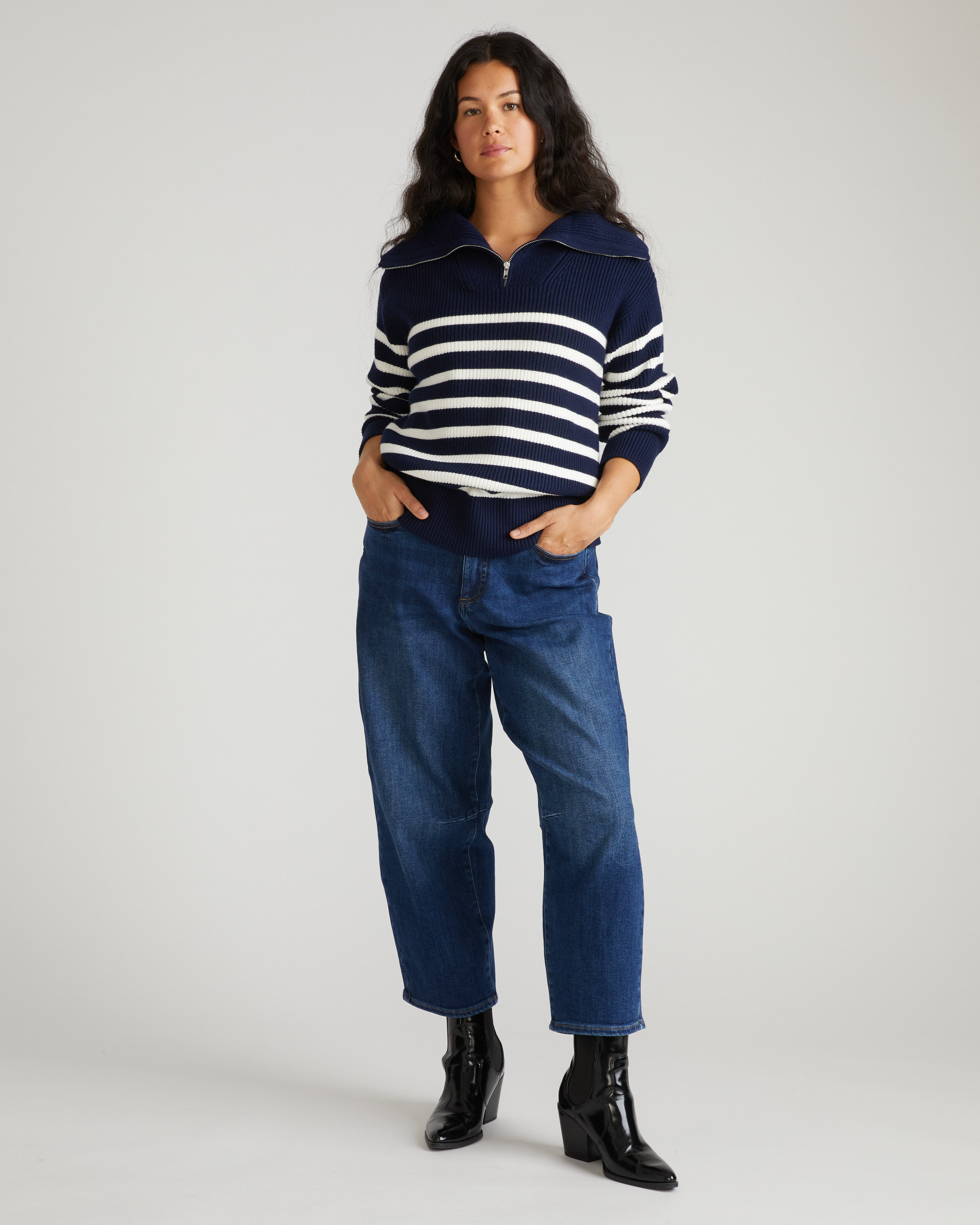 Brenda Zip Sweater - Navy/Cream Stripes – Universal Standard