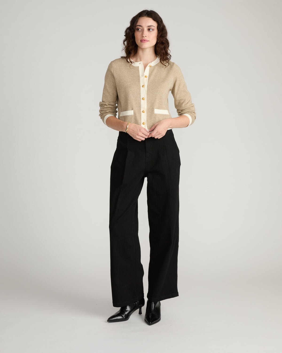 Gabrielle Button-Front Cardigan - Almond Dust/Cream Trim