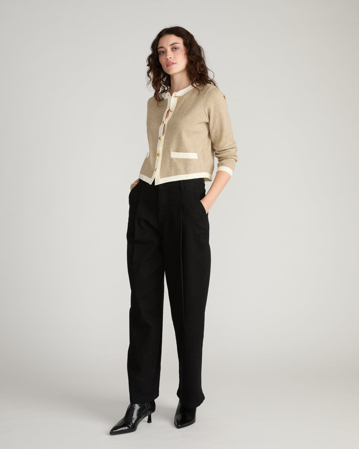 Gabrielle Button-Front Cardigan - Almond Dust/Cream Trim