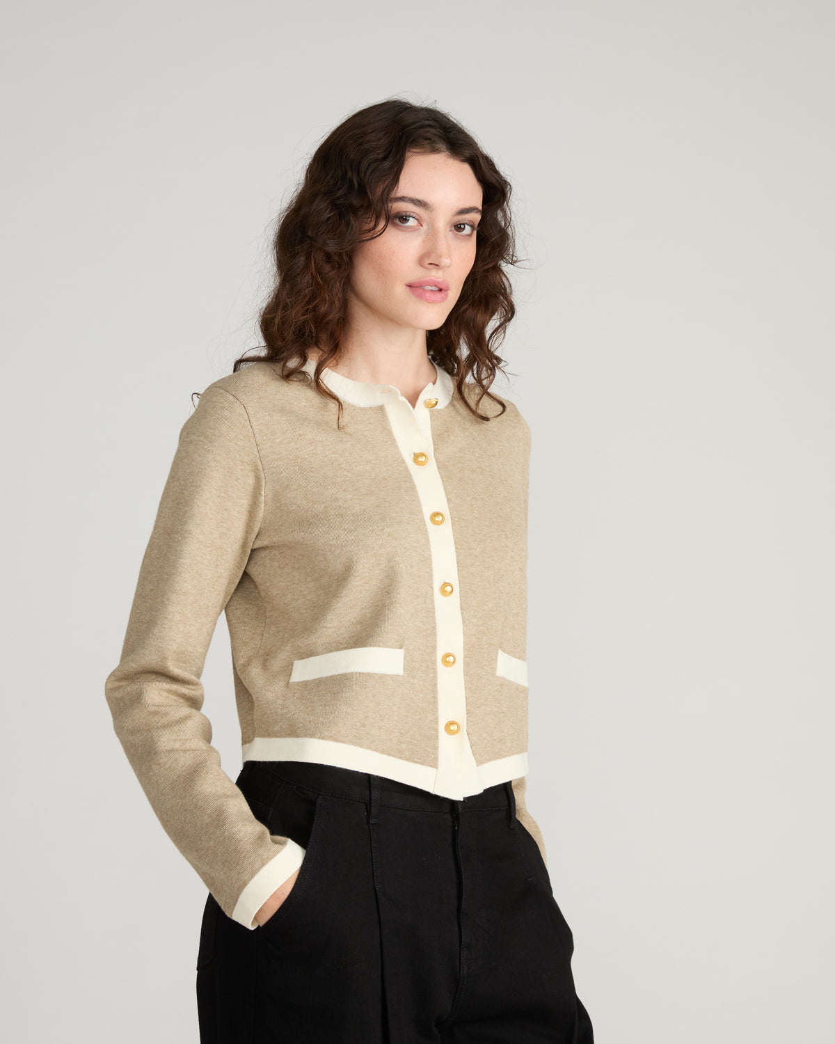Gabrielle Button-Front Cardigan - Almond Dust/Cream Trim