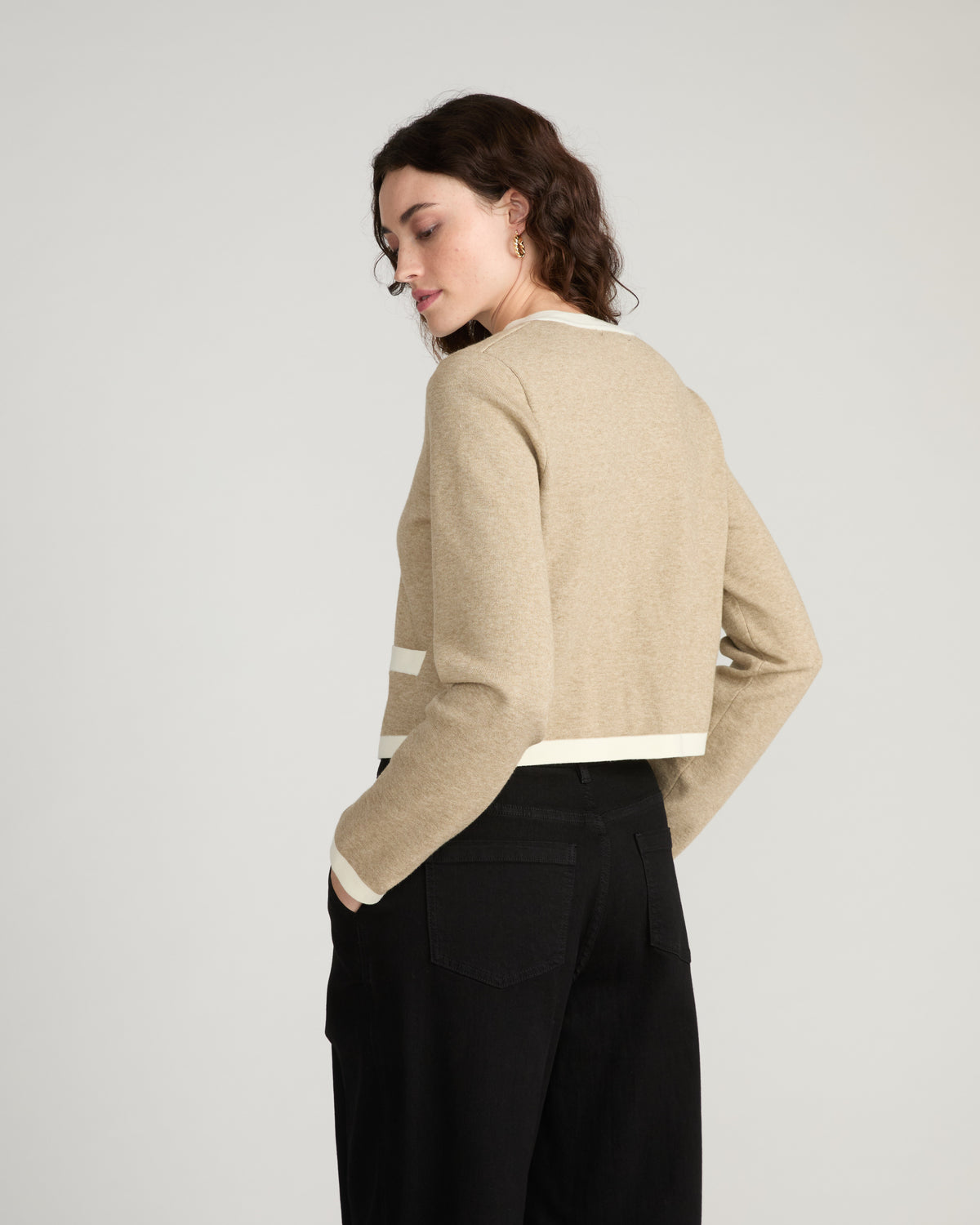 Gabrielle Button-Front Cardigan - Almond Dust/Cream Trim