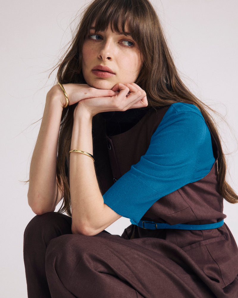 Woman wearing Savvy Fine Knit Turtleneck Sweater Top - Blue Beetle from Universal Standard